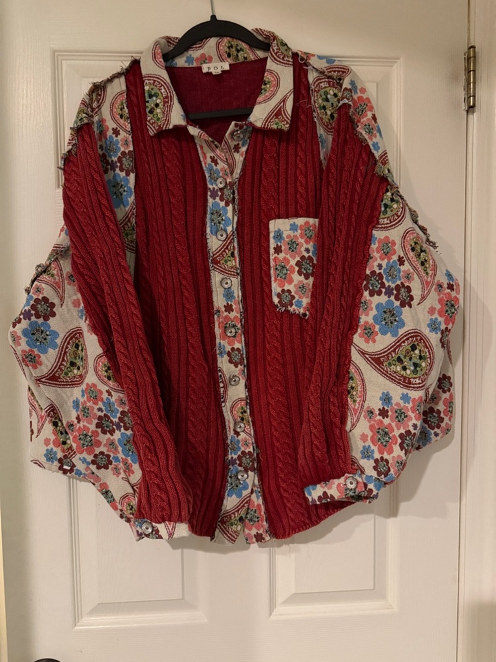 POL Red Textured Top with Floral Trim